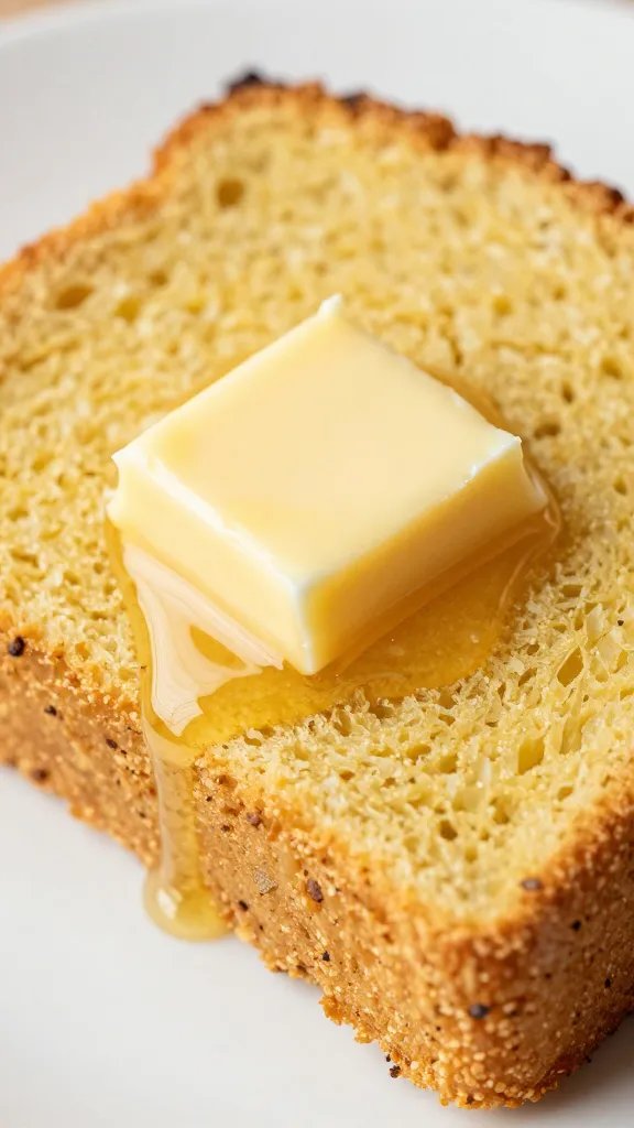 closeup of cornbread slice with honey butter melting