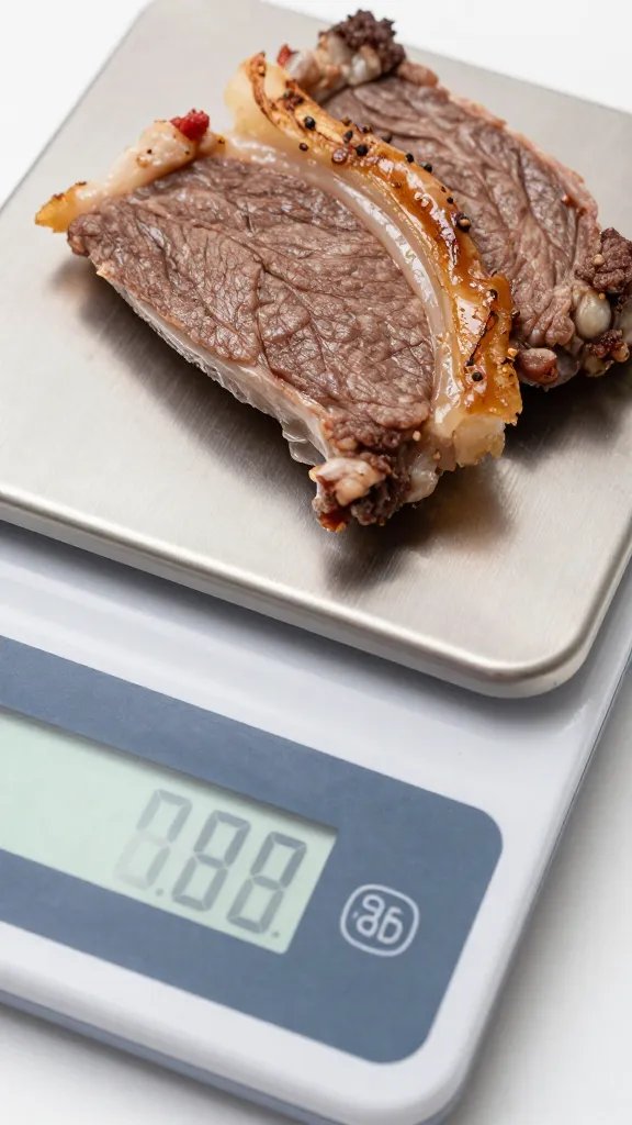 closeup of digital kitchen scale weighing cooked meat