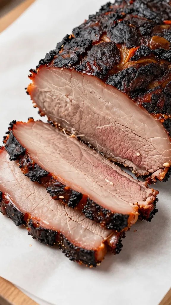 closeup of smoked brisket slice on butcher paper