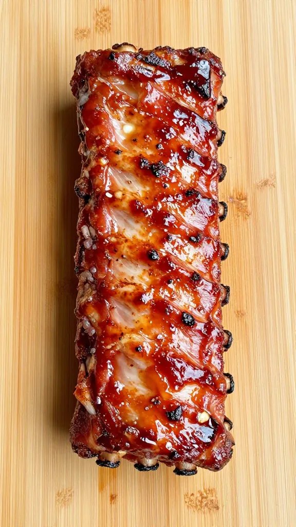 single rack of glazed pork ribs on cutting board