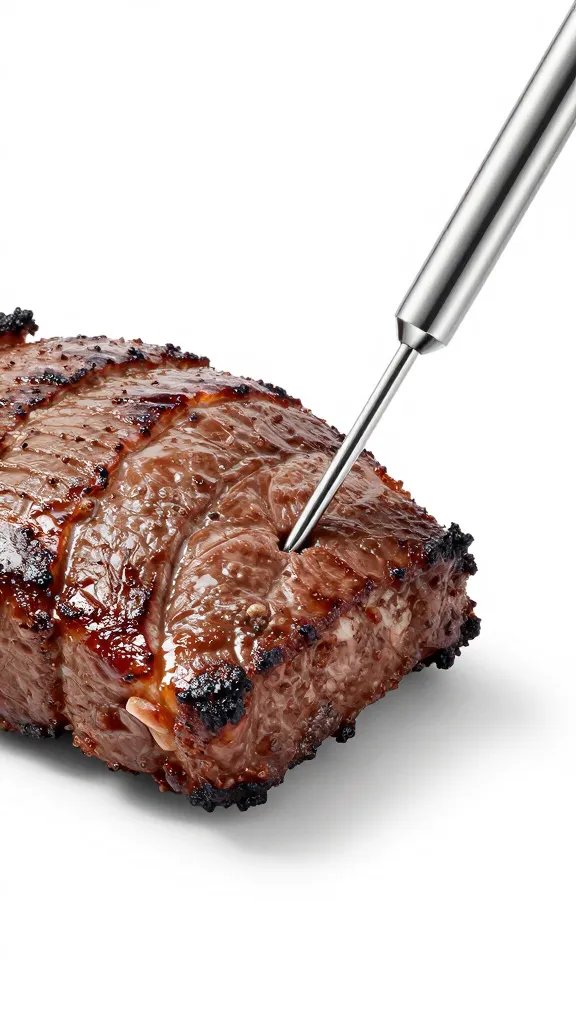 stainless probe thermometer inserted in brisket point