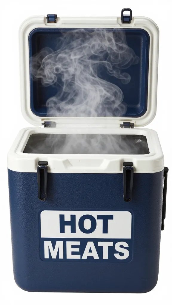 insulated cooler labeled “HOT MEATS” with steam plume