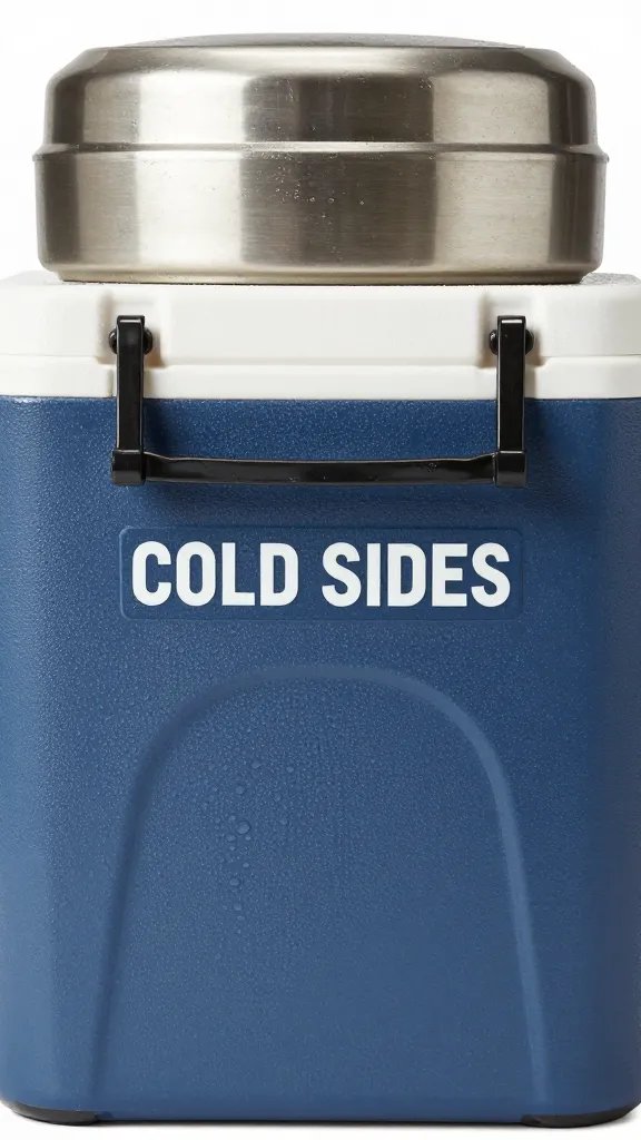 insulated cooler labeled “COLD SIDES” with condensation