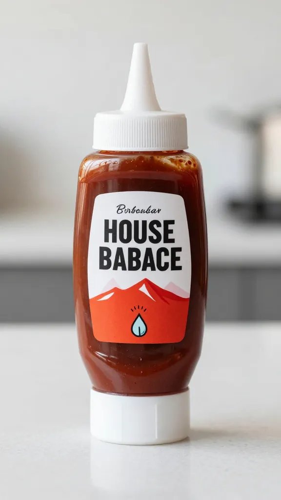 squeeze bottle of house barbecue sauce on counter