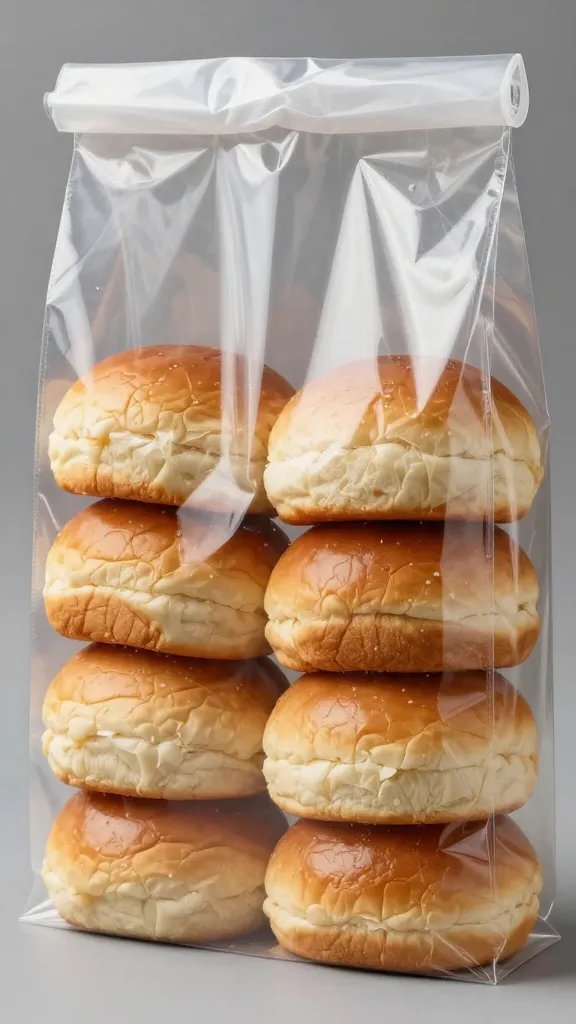 stack of brioche burger buns in clear bakery bag