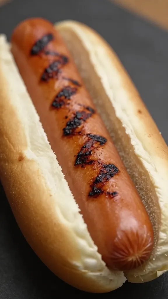 closeup of a single grilled hot dog with char marks