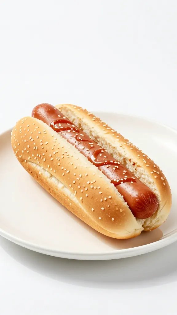 sesame hot dog bun on white plate, studio lighting