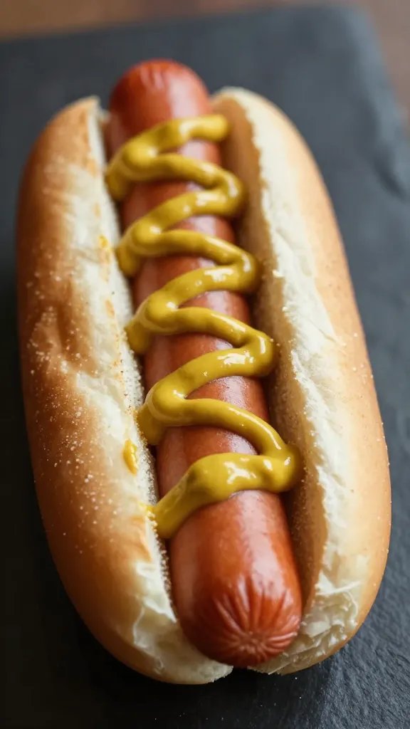 mustard swirl on a lone hot dog, macro shot