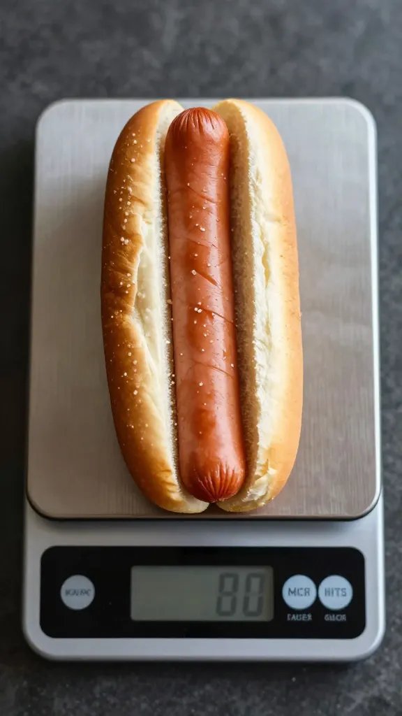 single hot dog on digital kitchen scale, overhead