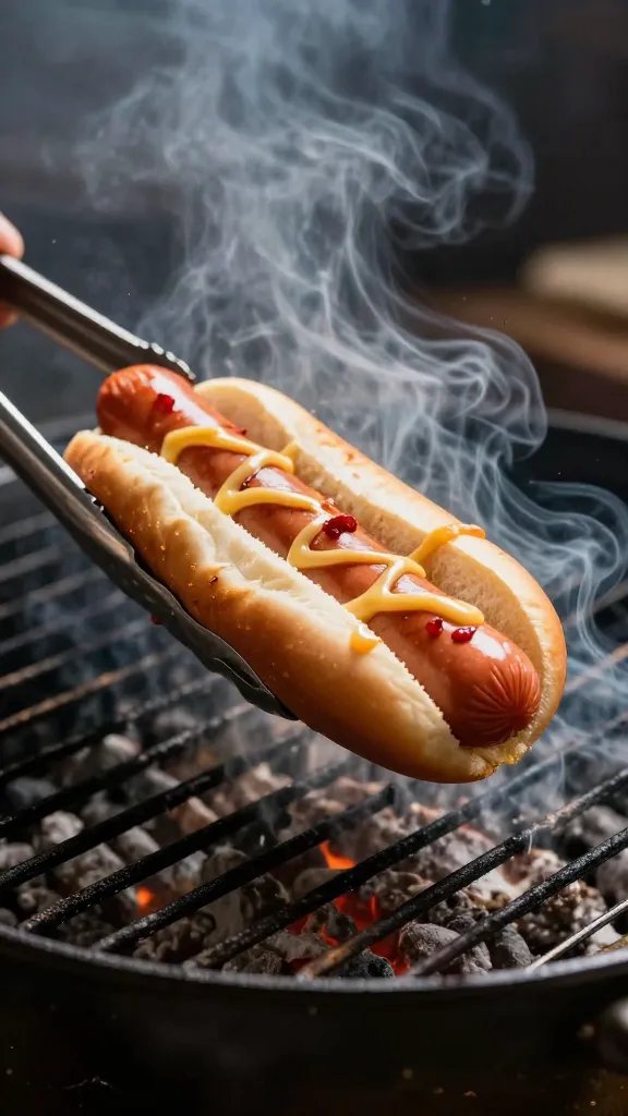 tongs holding one hot dog over smoky grill