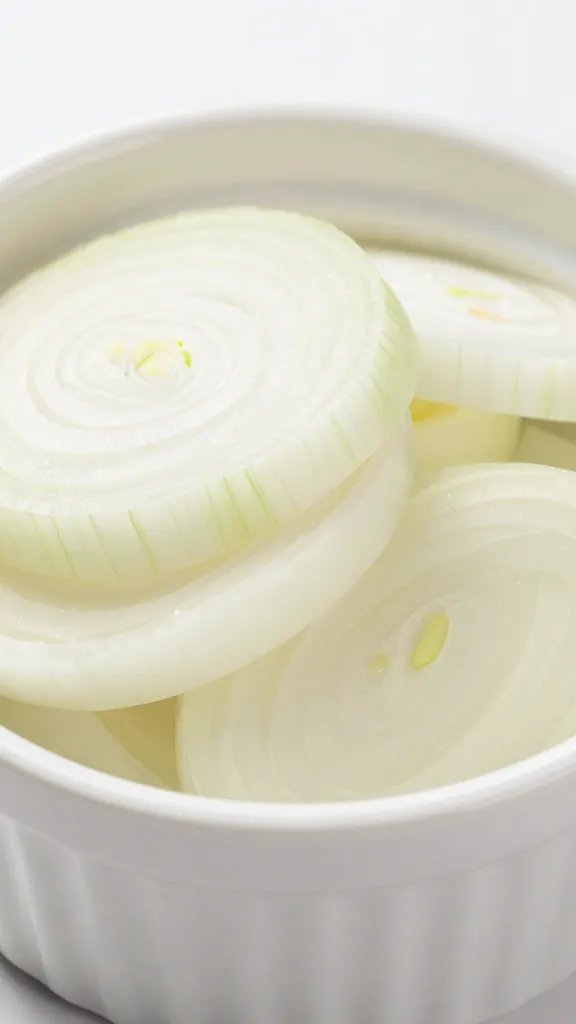 sliced white onion in small prep ramekin, closeup