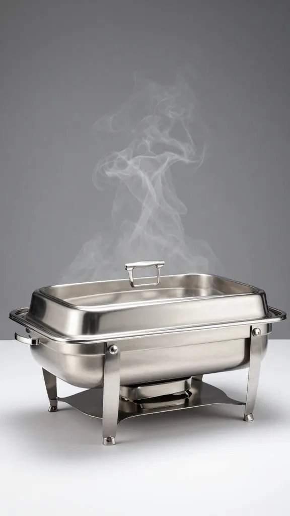 single stainless-steel chafing dish with steam rising
