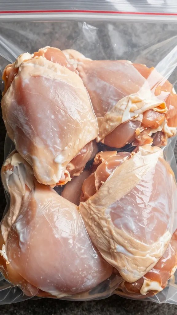 closeup of marinated chicken thighs in zip-top bag