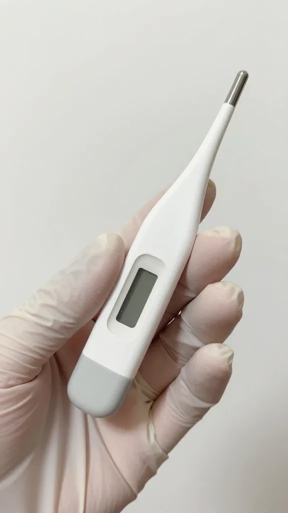 closeup of disposable nitrile glove holding meat thermometer