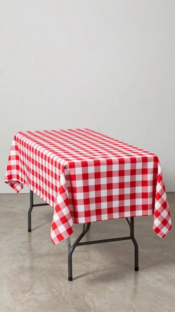 single folding banquet table with red checkered tablecloth