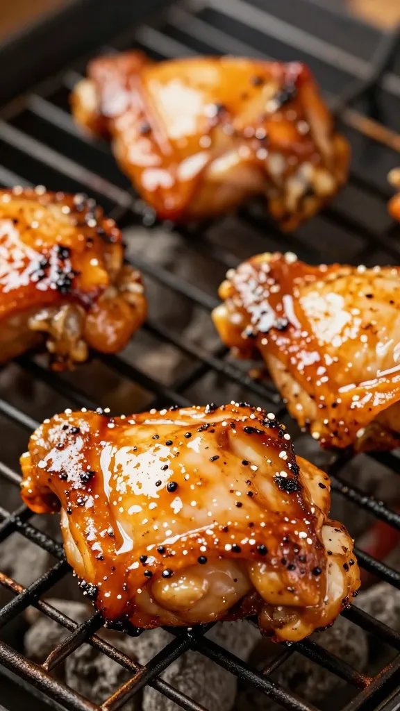 closeup glazed keto chicken thigh on grill grates