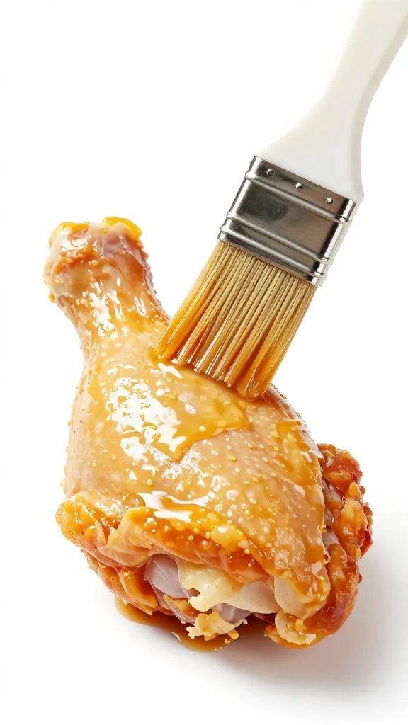 basting brush glazing one chicken thigh, glossy finish