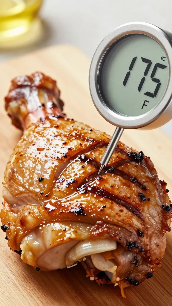 meat thermometer inserted into grilled thigh, 175°F display