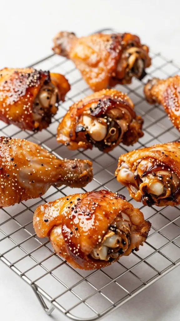 caramelized chicken thigh resting on wire rack