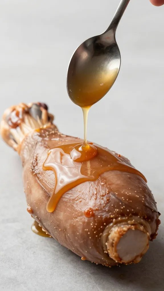 spoon drizzling thick keto glaze onto single thigh