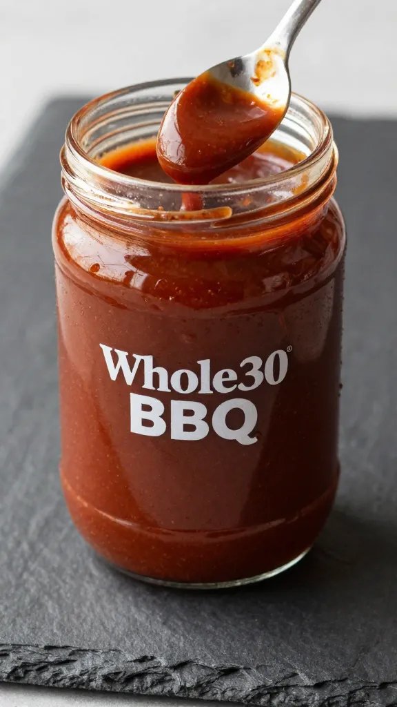 Whole30 BBQ sauce jar, spoon-drip closeup on slate