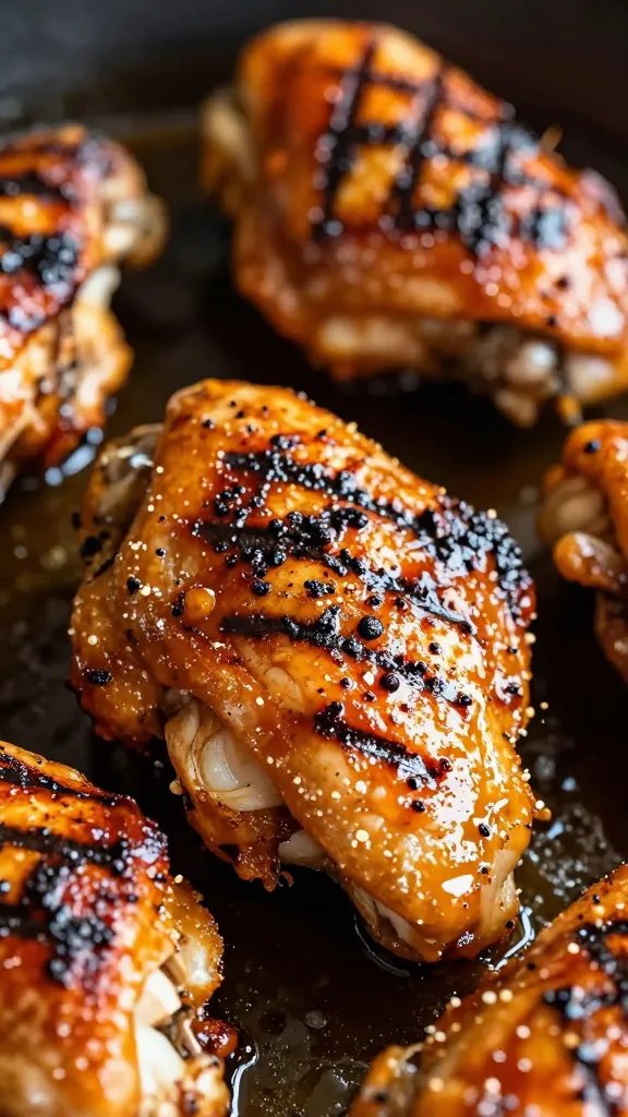 Glazed chicken thigh with Whole30 sauce, grill marks closeup