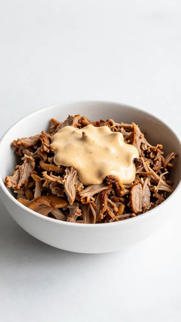 Pulled pork bowl topped with Whole30 sauce, tight macro