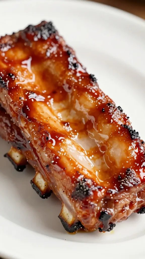 Brushed pork rib with sticky Whole30 glaze, sizzling closeup