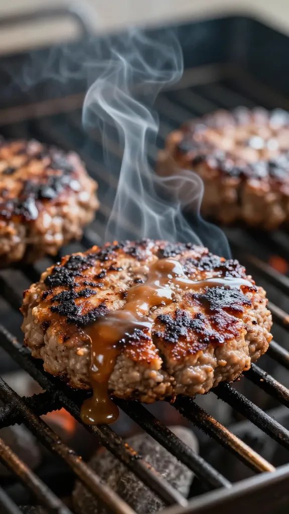 Sauce-brushed burger patty on grill grates, smoke wisp