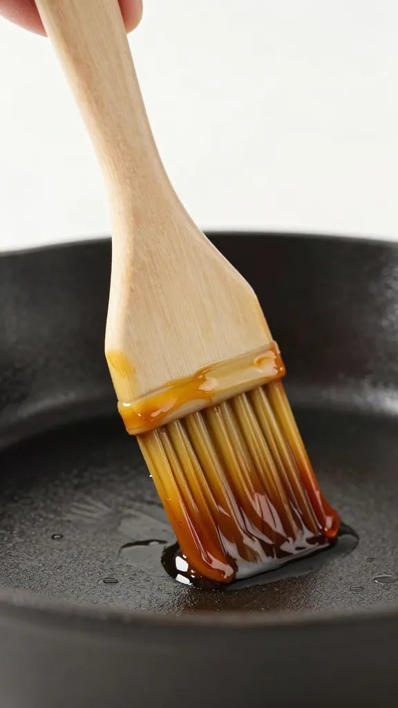 Sauce-dipped basting brush over cast-iron skillet, macro