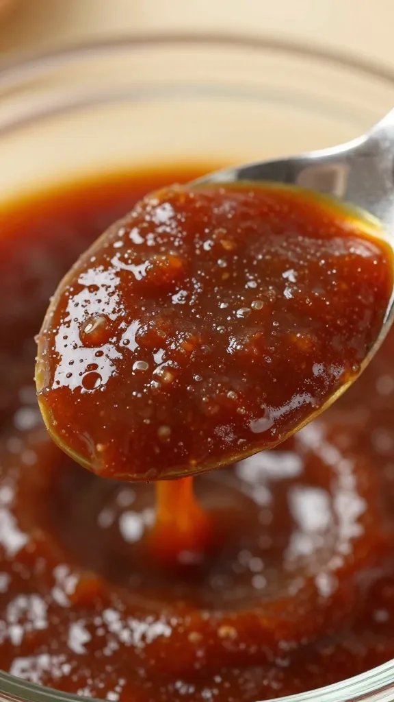 Date paste spoonful for Whole30 sauce, glossy closeup