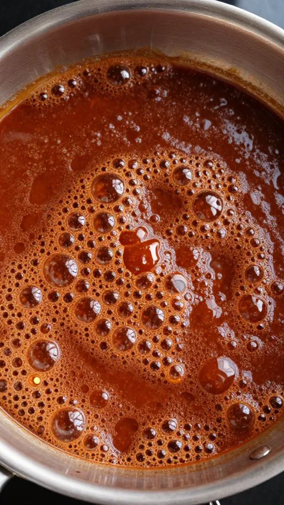Simmering saucepan of Whole30 BBQ sauce, bubble texture
