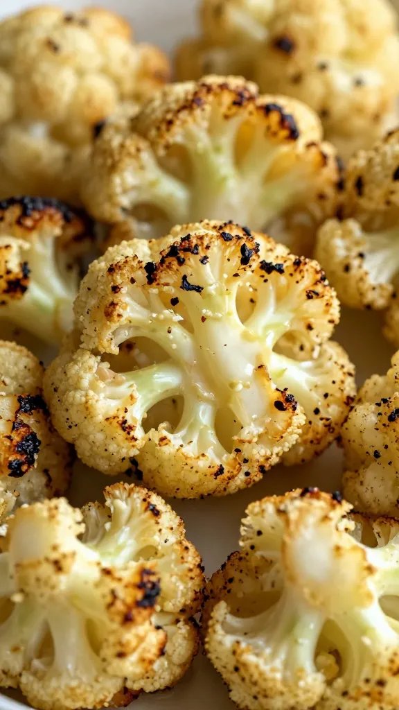 Sauce-coated roasted cauliflower steak, charred edges closeup
