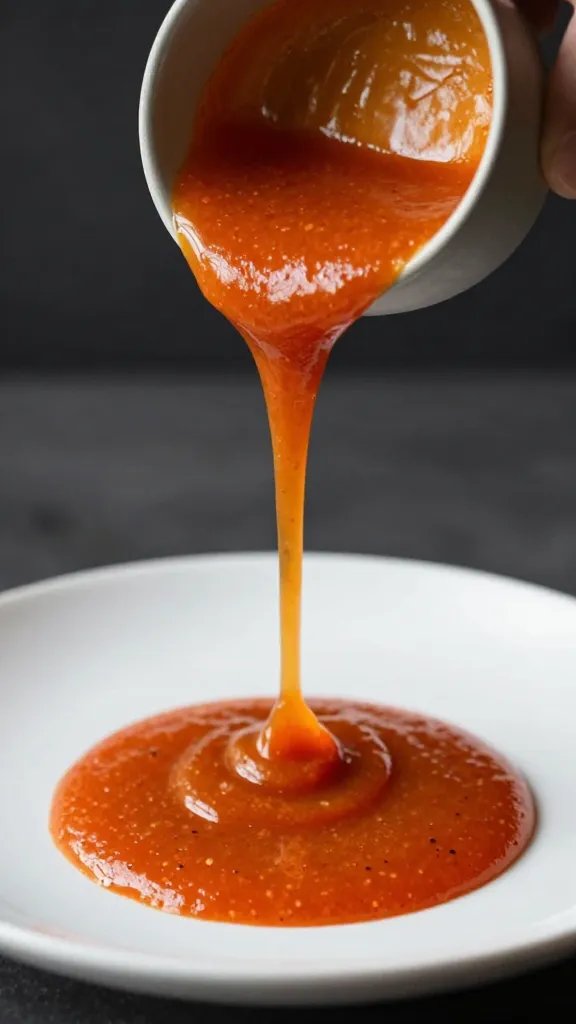 Whole30 sauce ladled onto plate, thick ribbon pour