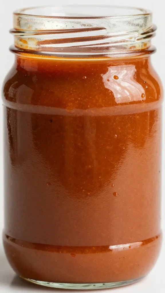 Glossy low-carb BBQ sauce in a glass jar, closeup