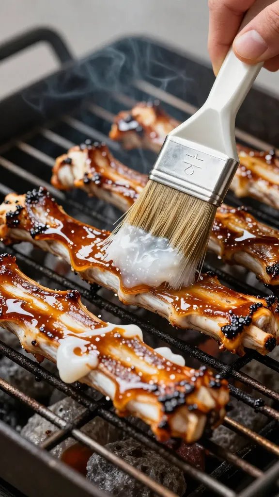 Brush glazing ribs with erythritol sauce on grill grates