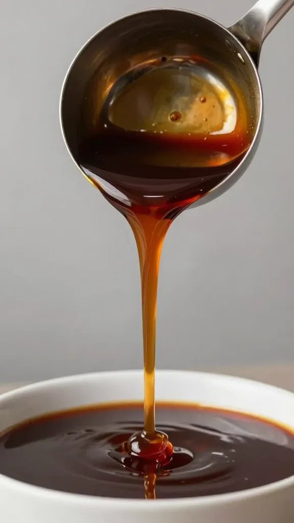 Ladle pouring allulose BBQ sauce in thick ribbon