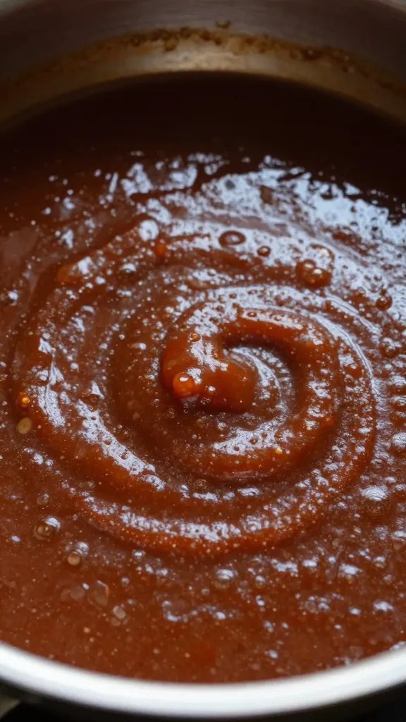 Closeup saucepan of simmering BBQ sauce, glossy surface