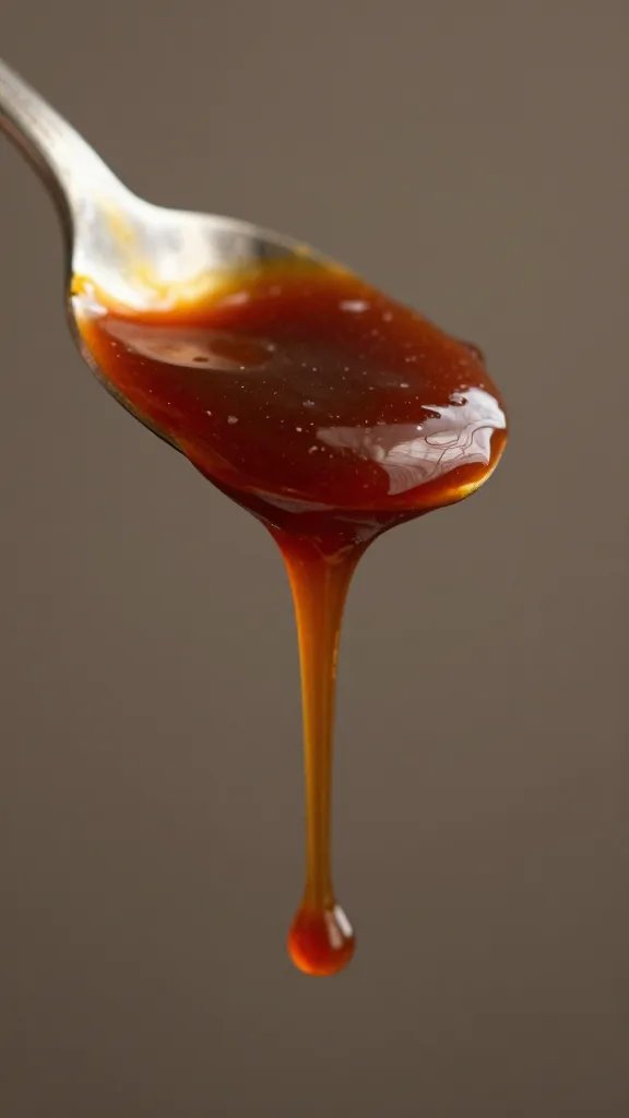 Spoonful of thick BBQ sauce dripping slowly, macro