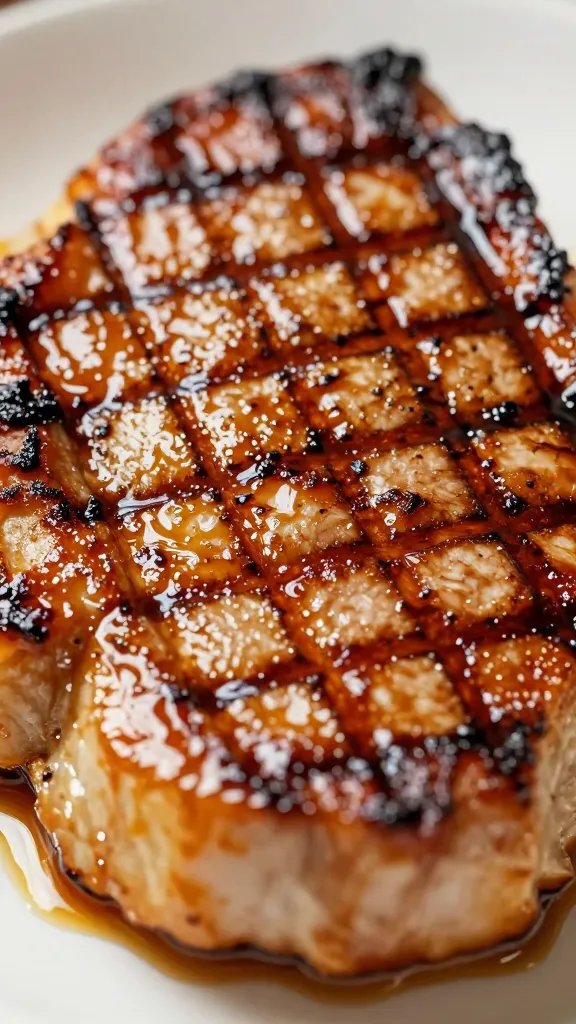 Closeup grill mark on sauced pork chop, caramelized glaze
