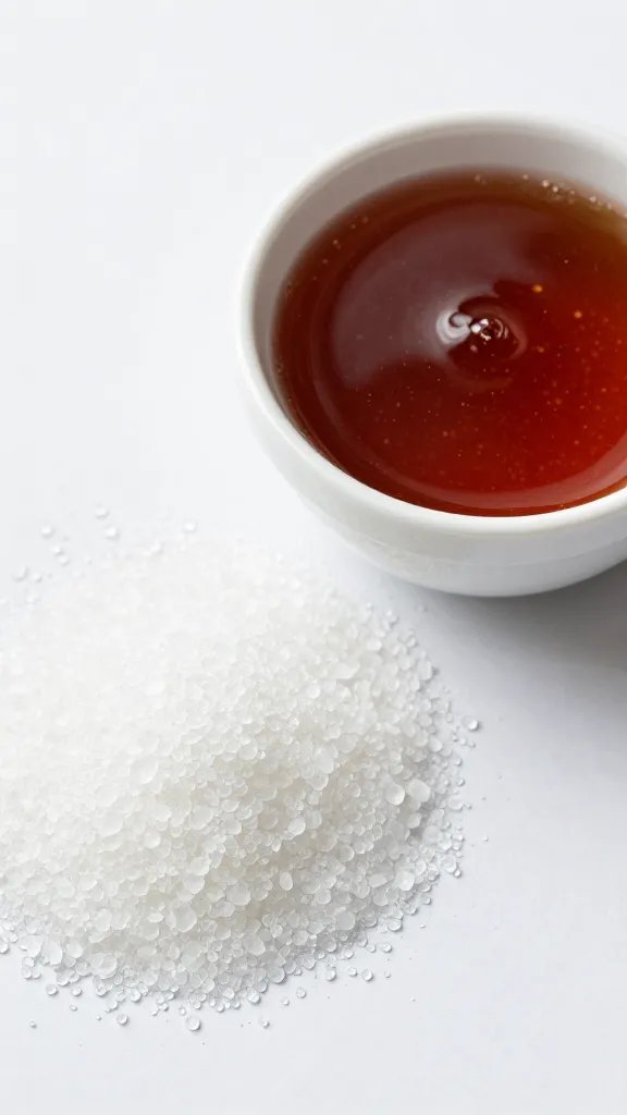 Small bowl of erythritol crystals beside finished sauce