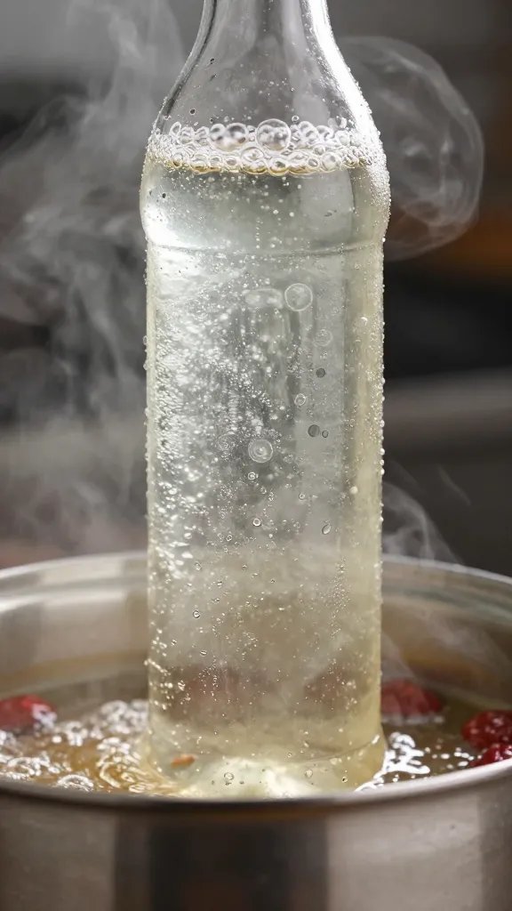 Vinegar bottle condensation next to simmering sauce pot, closeup