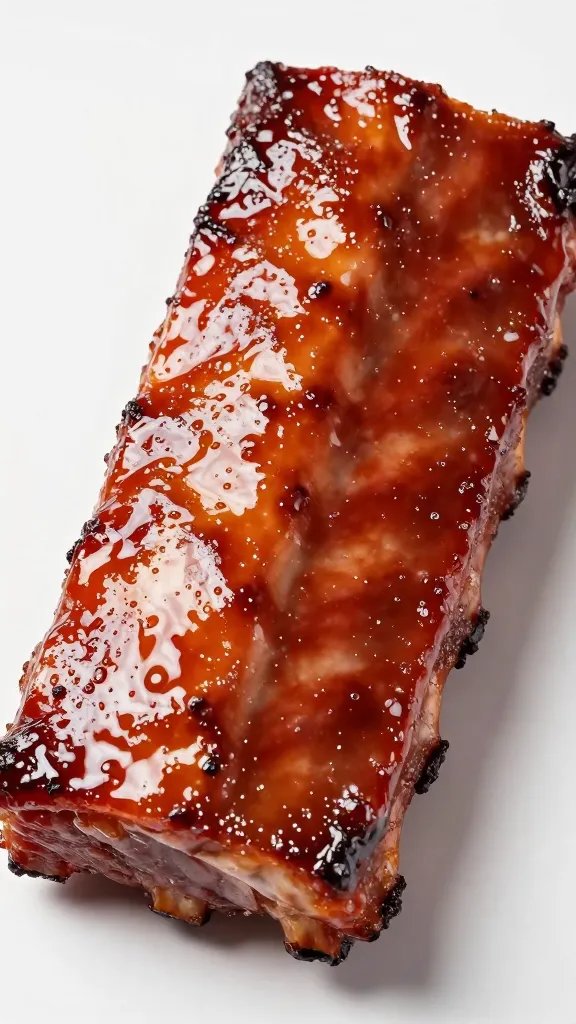 Glazed St. Louis rib slice, glossy bite-through shine