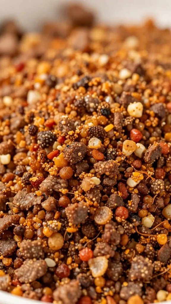 Dry rub granules melting into meat, close macro
