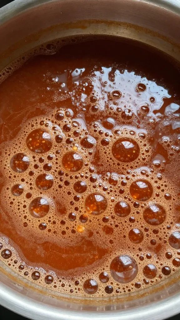 closeup saucepan of simmering bbq sauce, gentle bubbles