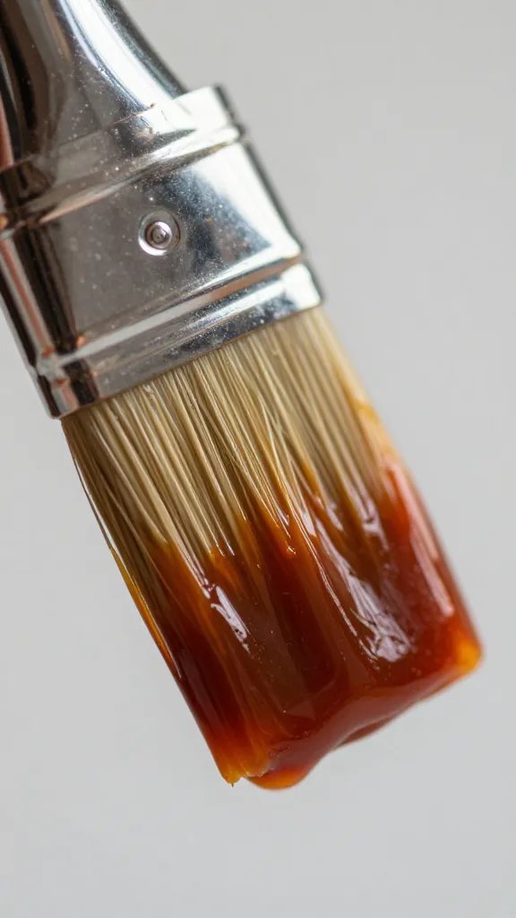 glossy brush coated in thick bbq sauce, macro shot
