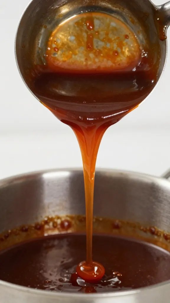 ladle dripping bbq sauce back into pot, closeup