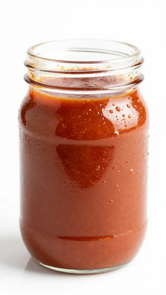 mason jar of homemade bbq sauce, condensation beads