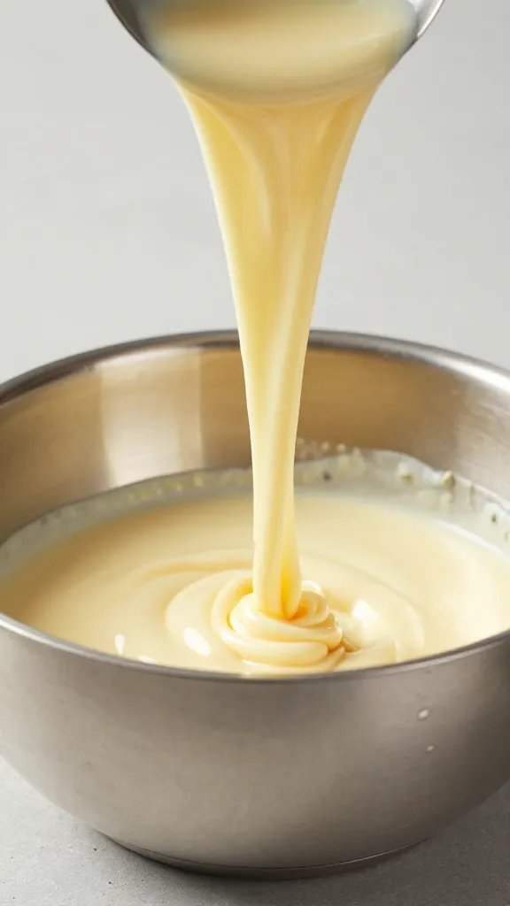 whisk lifting ribbons of sauce from stainless bowl