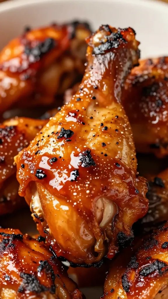 charred chicken thigh brushed with sauce, extreme closeup